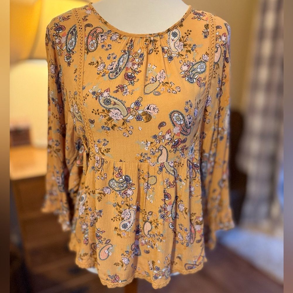 Girls 10-12 Art Class Mustard Paisley Print Blouse